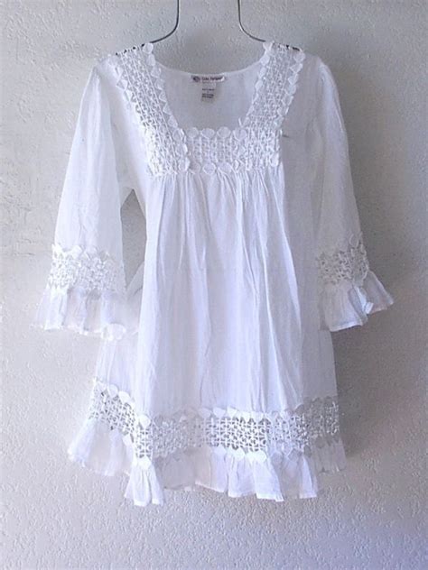 New~long White Cotton Crochet Lace Peasant Blouse Tunic Boho Top~1618