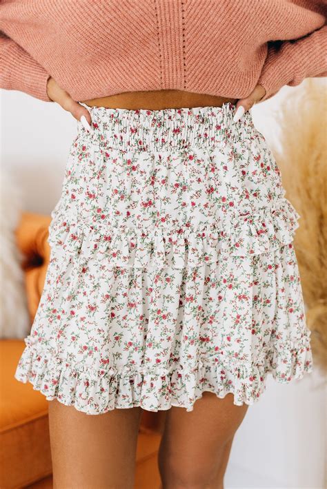 Garden District Floral Ruffle Mini Skirt White Cute Preppy Outfits