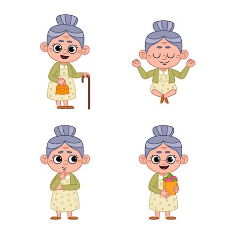 Conjunto De Anciana De Dibujos Animados De Pie Con Bastón Sosteniendo