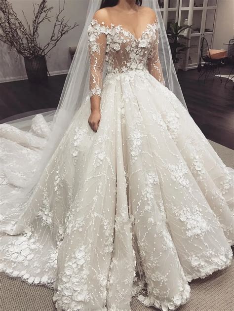 New Design Long Wedding Dress 2019 V Neck Long Sleeves Chapel Train