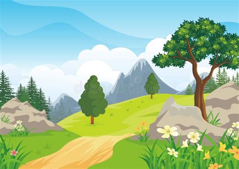 Landscape With Rocky Hill Lovely And Cute Scenery Cartoon Design