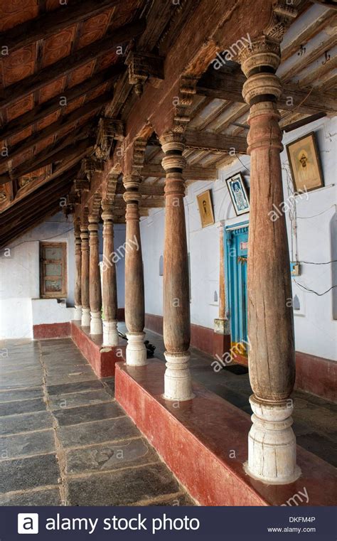 Traditional South Indian House With Large Wooden Pillared Veranda