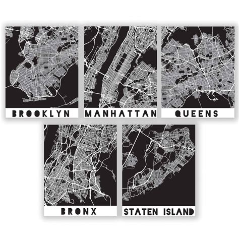 Five Boroughs Nyc Map Prints New York City Wall Art Black And White