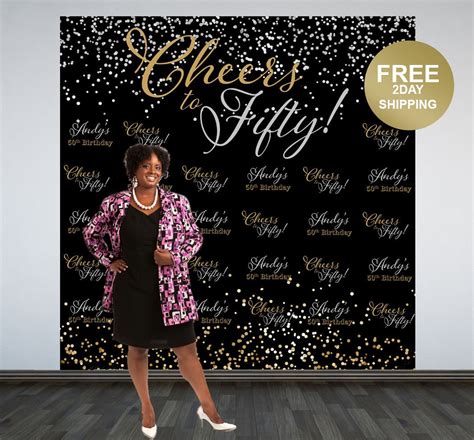 Cheers To Fifty Personalized Photo Backdrop Silver And Gold Sparkle