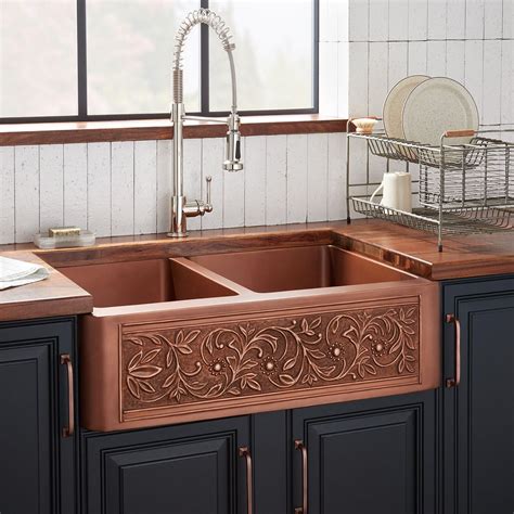 33 Vine Design 6040 Offset Double Bowl Copper Farmhouse Sink Copper