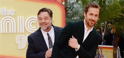 ryan gosling and russell crowe goof off at ‘the nice guys uk premiere angourie rice russell