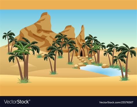 Desert Landscape Scene With Oasis For Cartoon Or Vector Image