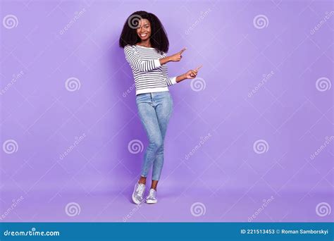 Full Length Body Size View Of Attractive Cheerful Girl Showing Copy Space Isolated Over Violet
