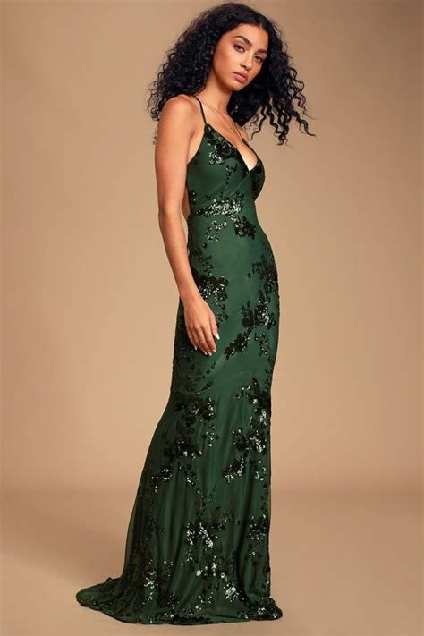 Lulus Valhalla Forest Green Sequin Lace Up Maxi Dress Size X Large