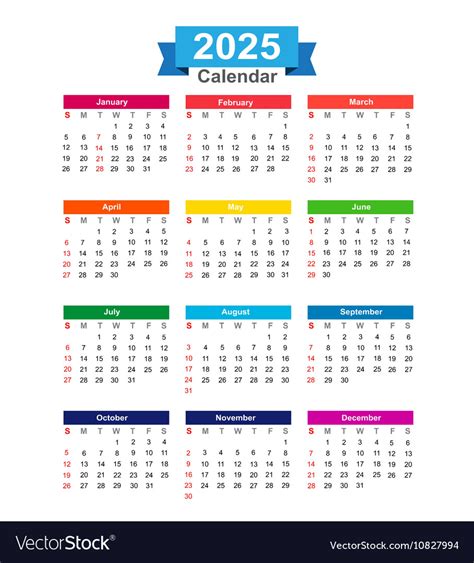2025 Year Calendar Isolated On White Background Vector Image