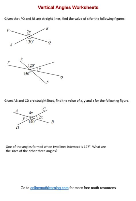 Vertical Angles Worksheets Printable Online Answers Examples