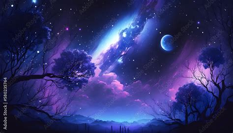 Stock Illustrationen Starry Night Sky Epic Fantasy Landscape Of Purple