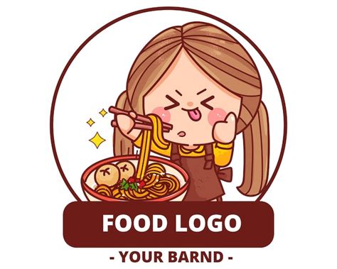 Premium Vector Cute Girl Noodles Food Logo Hand Drawn Cartoon Art Illustration