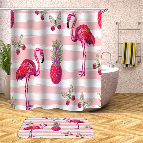 Floral Flamingo Shower Curtain Flowers Print Waterproof