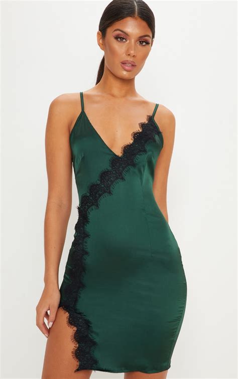 emerald green satin lace bodycon dress prettylittlething usa