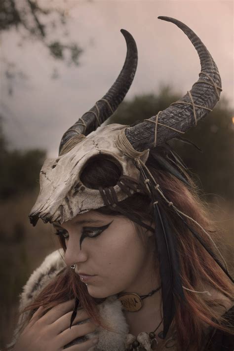 Skull Headdress Feather Viking Costume Shaman Mask Black Horns Tribal
