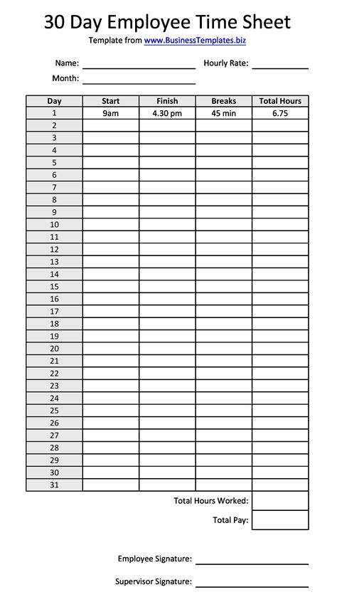 Free Sample 30 Day Employee Time Sheet Template