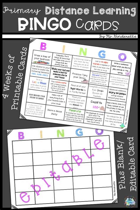 4 Weeks Printable Distance Learning Cards Plus Blank Editable Bingo