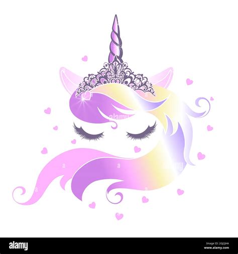 Cute Unicorn Face With Closed Eyes Wearing A Rainbow Mane Tiara Vector