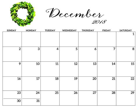 A December Calendar With The Holidays Written In Green Wreaths And