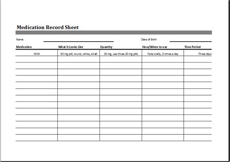 Medication Record Sheet Editable Printable Excel Template Printable