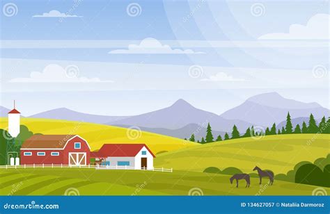 Vector Illustration Of Rural Landscape Beautiful Countryside With Farm