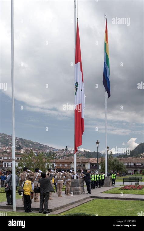 Peruvian And Rainbow Flag Of Cusco Palm Sunday Celebrations Plaza De