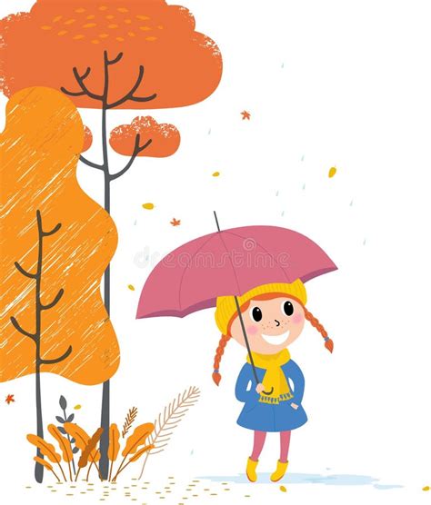 Children Under The Umbrella Autumn Rainy Day Vector Illustration Of A