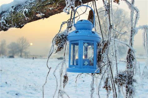 Blue Lantern In Winter Scenery Stock Photo Image Of Christmas Home