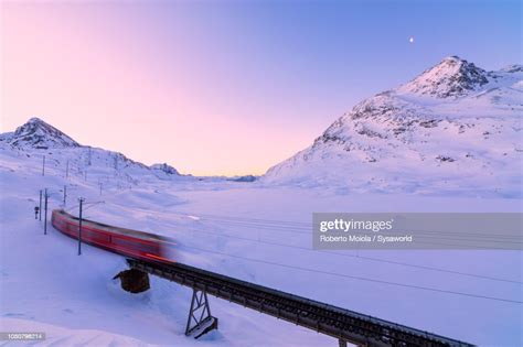 Bernina Express Train Lago Bianco Switzerland High Res Stock Photo