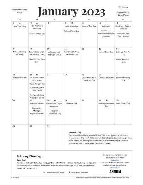 January Printable Calendar With Holidays National Days In January