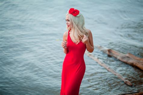 Wallpaper Women Model Blonde Sea Photography Red Dress Spring Clothing Romance Girl