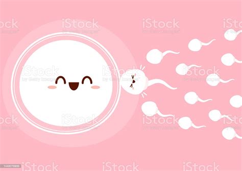 Cute Happy Funny Sperm Cell And Ovum Vector Flat Line Cartoon Illustration Fertilization Concept