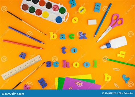 Set Of School Supplies On Orange Background Back To School Stock Image