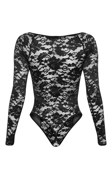 Black Lace Mesh Long Sleeve Bodysuit Tops Prettylittlething Aus