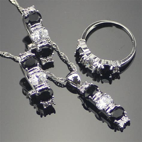 Black Cubic Zirconia Sterling Silver Jewelry Sets For Women