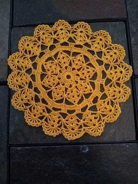 Hand crocheted berka shell doilies goldenrod yellow round 8 1/2 inch in