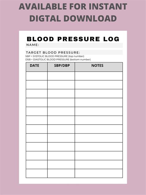Blood Pressurehypertension Log Printable Log Sheet Template Instant