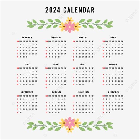 2024 Calendar With Floral Decoration Vector 2024 Calendar Monthly