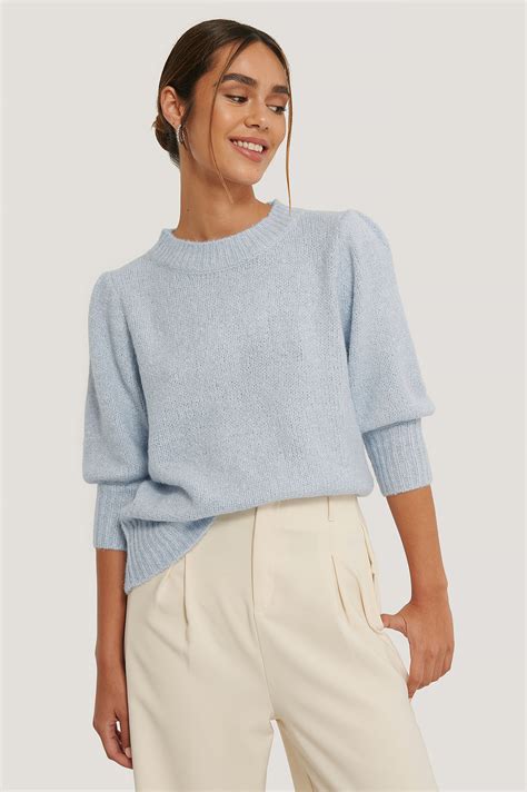 Short Puff Sleeve Knitted Sweater Blå Na Kd