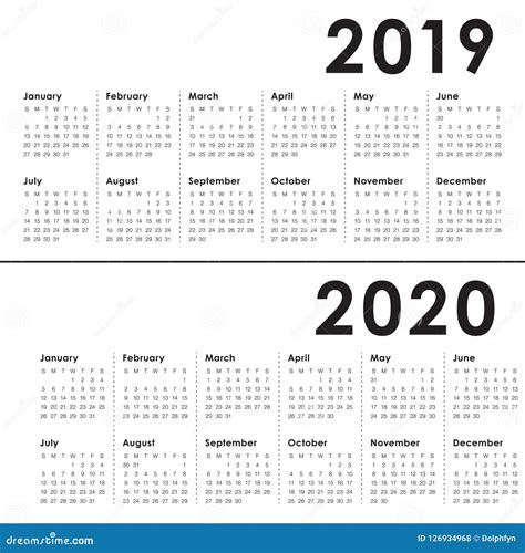 Year 2019 2020 Calendar Vector Design Template Stock Vector