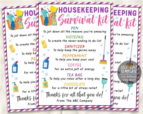 Housekeeper Survival Kit T Tags Editable Template Housekeeping App