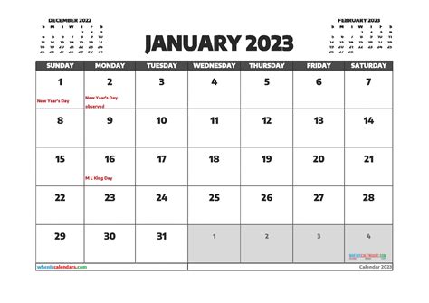 Download Free Calendar January 2023 With Holidays Printable Pdf