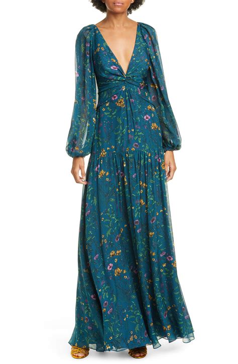 Amur Gwenevere Floral Print Long Sleeve Silk Maxi Dress In Blue Lyst