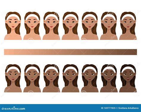 Set With Girls With Different Skin Colors From Light To Dark Cartoon