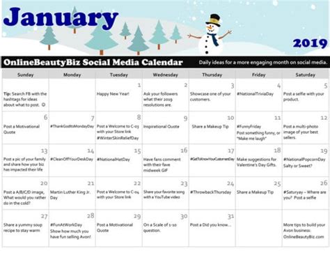 January 2019 Social Media Calendar Onlinebeautybiz