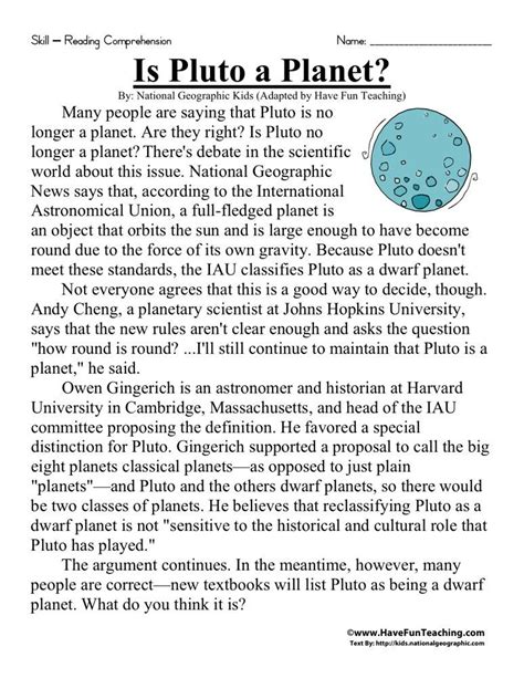 I had my first practice yesterday, and i feel tired today. Reading Comprehension Worksheet - Is Pluto a Planet? | Reading comprehension, Reading ...