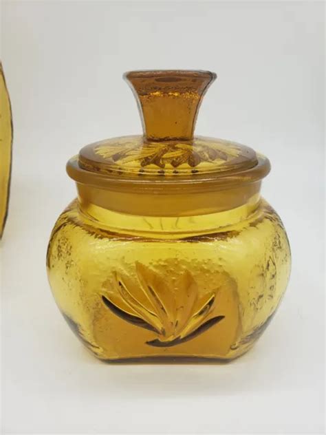 VINTAGE L E SMITH Amber Glass Canister MCM Apothecary Jar Lid Scroll