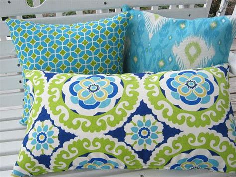 Blue Lime Green Pillow Cover Outdoor Ikat Suzani Fabric Porch Patio