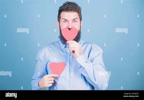 Man Bearded Hipster With Heart Valentine Card Celebrate Love Guy With Beard And Mustache In